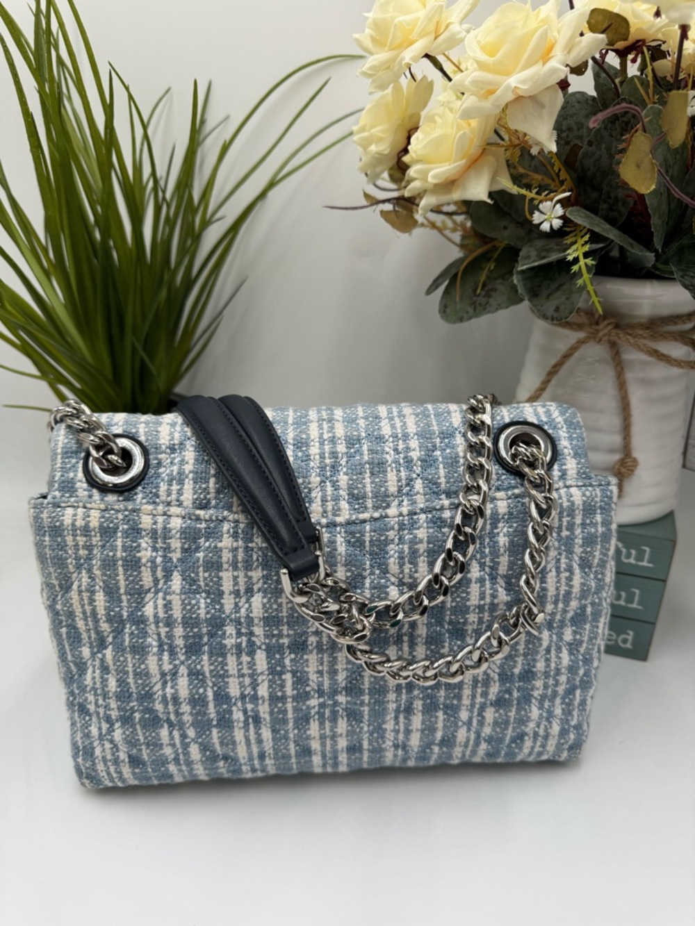 Kate Spade Natalia Quilted Denim Tweed Medium Flap Shoulder Bag - Blue Multi - Picture 2 of 9